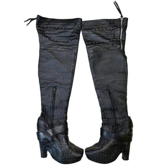 Sam Edelman Black Leather Studded Over-the-Knee Wedge Boots Buckle - Women’s 7.5 - Picture 7 of 15